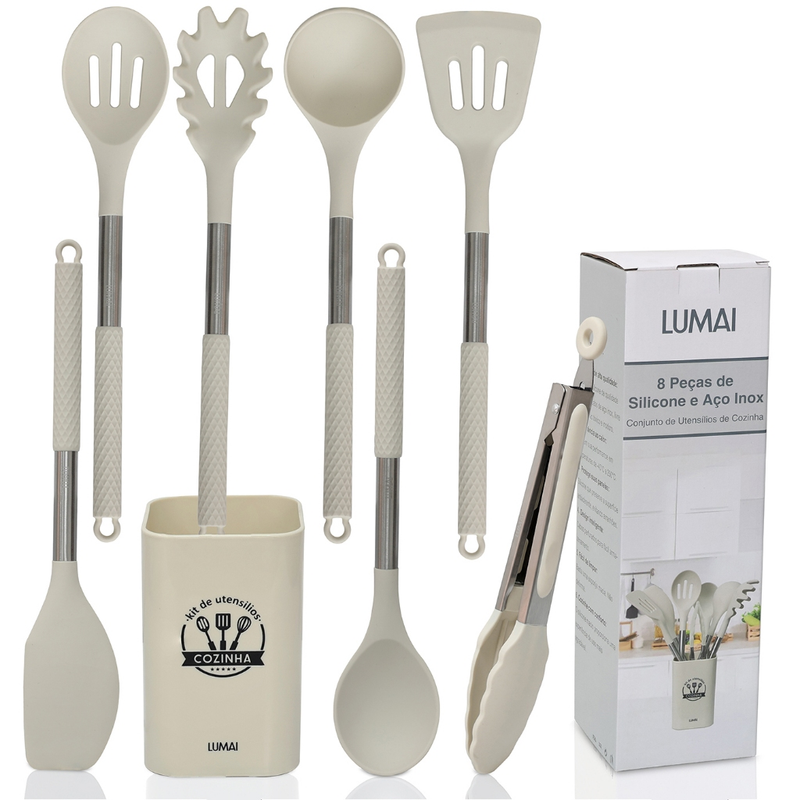Kit 8 Utensílios de Cozinha de Silicone e Aço Inox Grandes com Balde - Livre de BPA - Original LUMAI