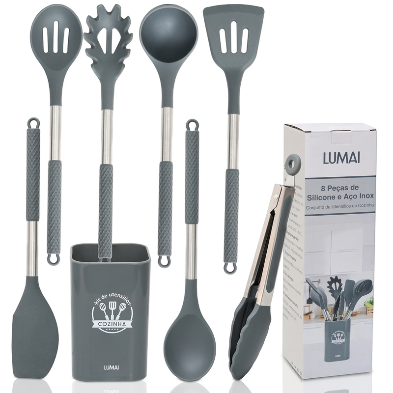 Kit 8 Utensílios de Cozinha de Silicone e Aço Inox Grandes com Balde - Livre de BPA - Original LUMAI