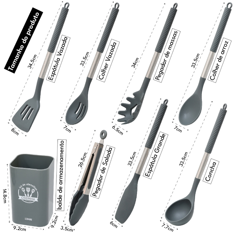 Kit 8 Utensílios de Cozinha de Silicone e Aço Inox Grandes com Balde - Livre de BPA - Original LUMAI