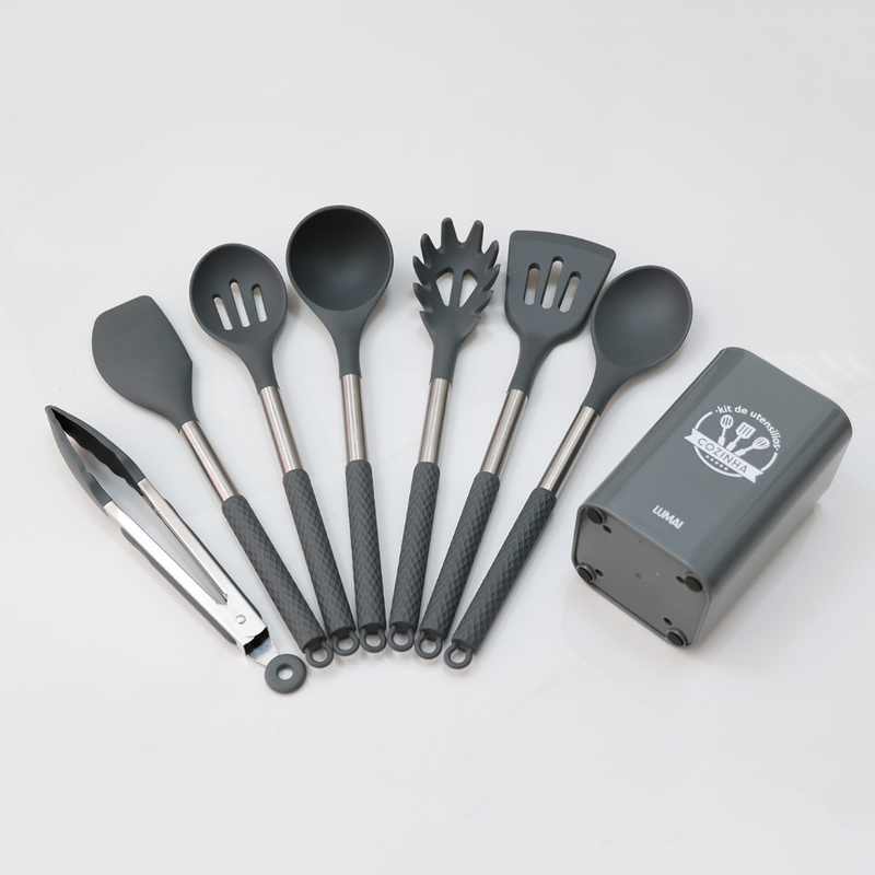 Kit 8 Utensílios de Cozinha de Silicone e Aço Inox Grandes com Balde - Livre de BPA - Original LUMAI
