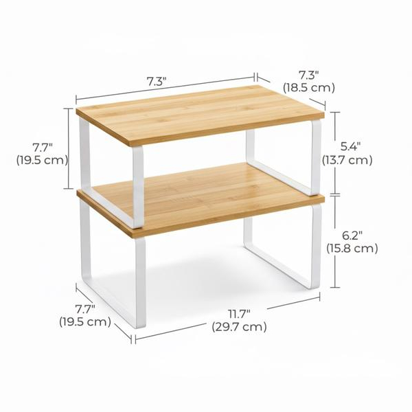 PRATELEIRA ORGANIZADORA BAMBU e FERRO BRANCO Nicho Empilhável Cozinha Despensa Mesa Canto Multiuso Minimalista ELEXA