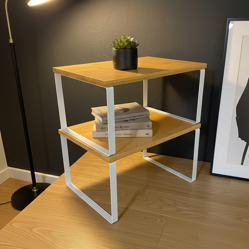PRATELEIRA ORGANIZADORA BAMBU e FERRO BRANCO Nicho Empilhável Cozinha Despensa Mesa Canto Multiuso Minimalista ELEXA