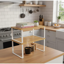 PRATELEIRA ORGANIZADORA BAMBU e FERRO BRANCO Nicho Empilhável Cozinha Despensa Mesa Canto Multiuso Minimalista ELEXA